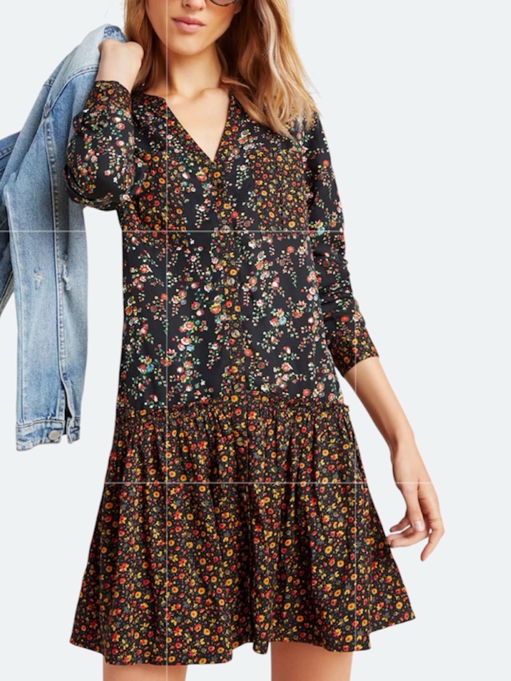 Anthropologie Maeve Marlie Black Floral Button-Front Tunic Dress Size 2